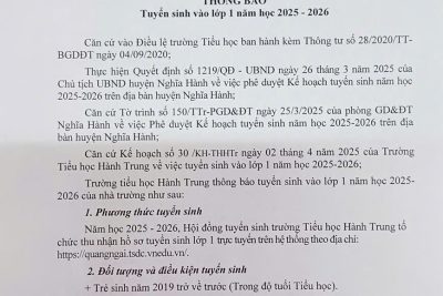 THÔNG BÁO TUYỂN SINH LỚP 1 NĂM HỌC 2025-2026